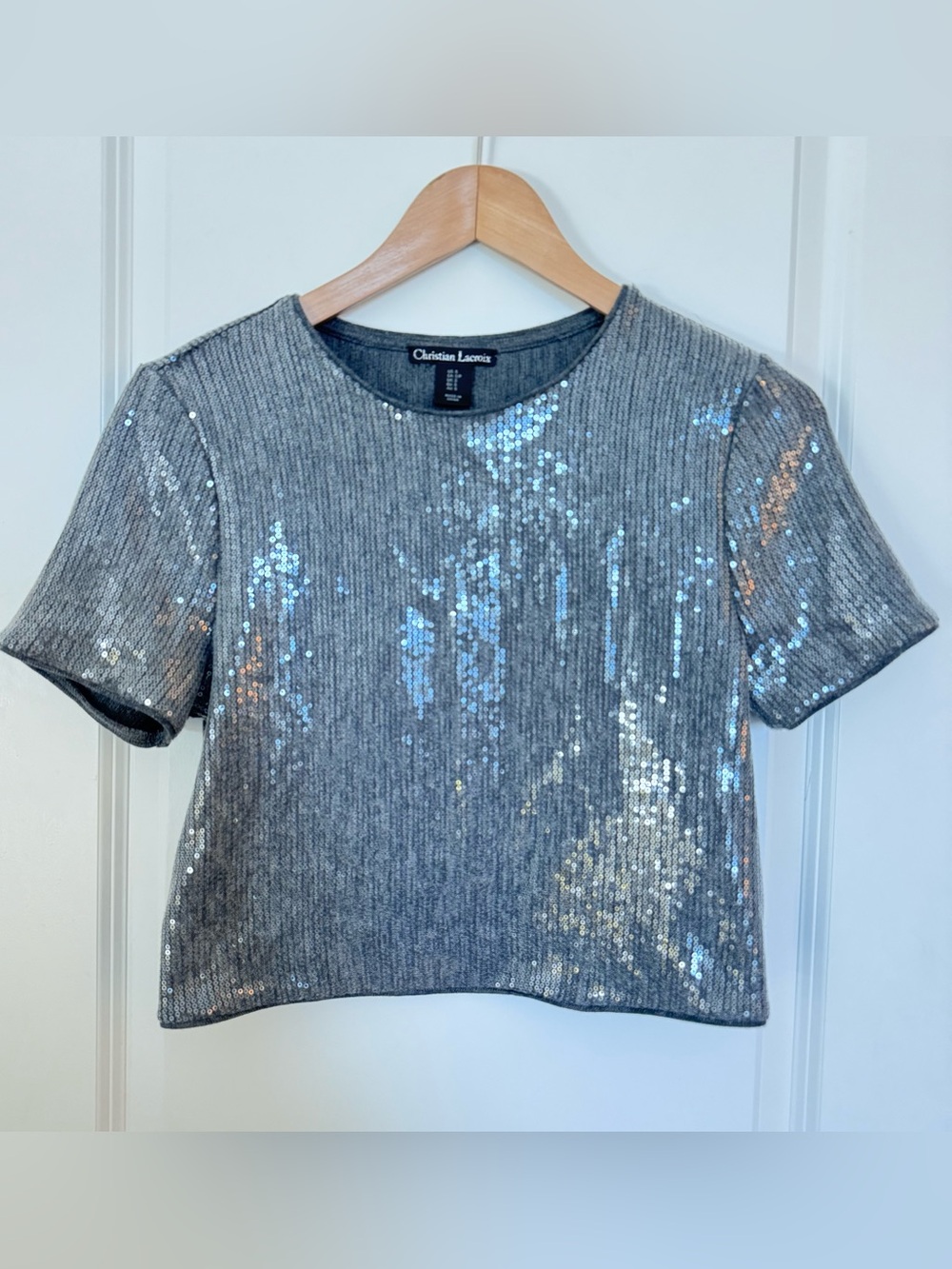 Christian LaCroix Silver Sequin T Shirt Crop Top Sz Small Short Sleeve Glitter